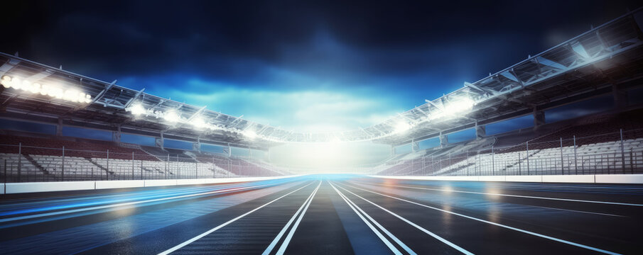 racetrack finish gate, stadium, and moving spotlights, motion blur - Generative AI