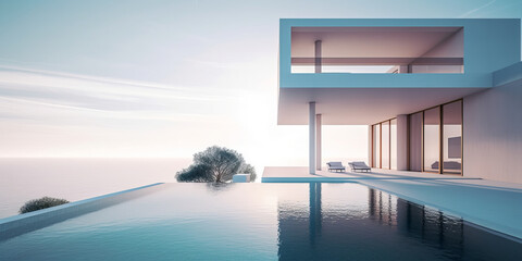 A luxurious, modern villa with a pool and the ocean in the distance. - Generative AI