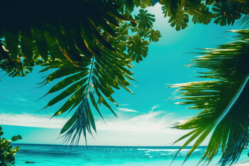 Fototapeta na wymiar Panorama of blurred blue sky and sea with bokeh light. Illustrator AI Generative