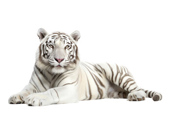 an isolated white tiger laying down, front-view portrait, jungle-themed photorealistic illustration on a transparent background cutout in PNG, Generative ai