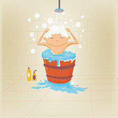 boy is taking a bath with shampoo foam on his head