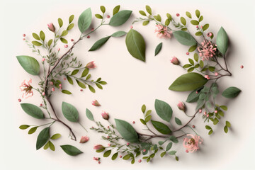Round frame with pink flower buds branches and leaves. Illustrator AI Generative