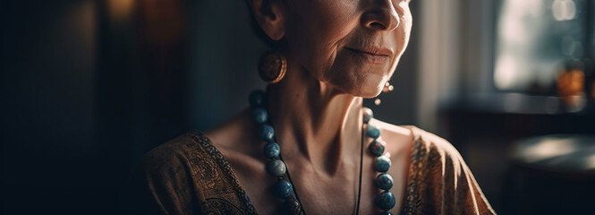 Fototapeta na wymiar Portrait of senior woman in vintage dress with beads at home.generative ai