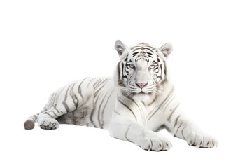 Fototapeta na wymiar an isolated white tiger laying down, front-view portrait, jungle-themed photorealistic illustration on a transparent background cutout in PNG, Generative ai