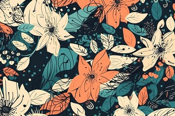 Flowers hand drawn seamless pattern. ink brush texture. , Generative AI