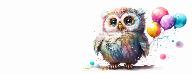 Naklejka premium Watercolor owl with colorful balloons illustration. Happy Birthday banner. Generative AI.