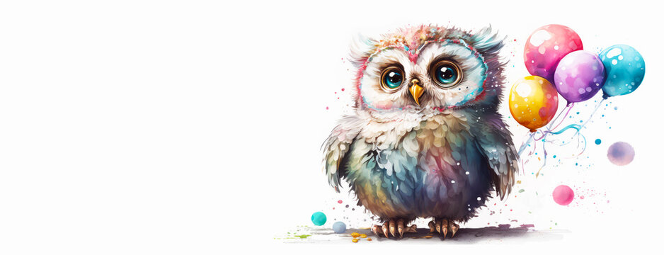 Watercolor owl with colorful balloons illustration. Happy Birthday banner. Generative AI.