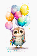 Watercolor owl with colorful balloons. Happy Birthday illustration. Generative AI.