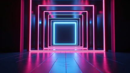 3d render, blue pink neon square frame, empty space, ultraviolet light. Generative Ai