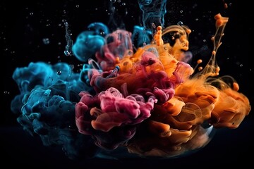 Acrylic colors and ink in water. paint on a black background, the best photo, Generative AI