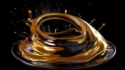 swirl, cosmetic oil, golden splashing clip art on black background. Generative Ai