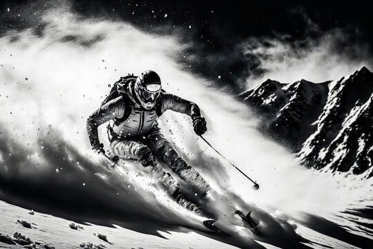 Black and white with touches of bright orange, this dramatic photograph depicts a lone skier in a snowy landscape evoking adventure and excitement. Generative AI