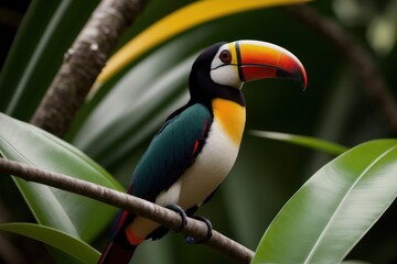 Fototapeta premium Toucan in the treetops in a tropical rainforest. Wildlife concept of ecological environment. Generative AI