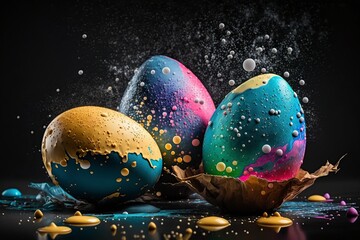 illustration, beautiful eggs for Easter paint splash on a dark background, ai generative.