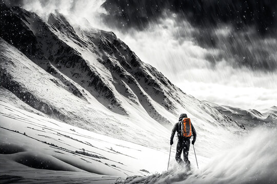 Black and white photo of lone skier in a snowy landscape. High contrast and touches of bright orange highlight the adventure and beauty of winter sports. Generative AI