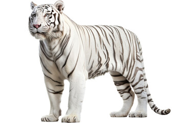 Fototapeta premium an isolated white tiger walking, side-view portrait, jungle-themed photorealistic illustration on a transparent background cutout in PNG, Generative AI