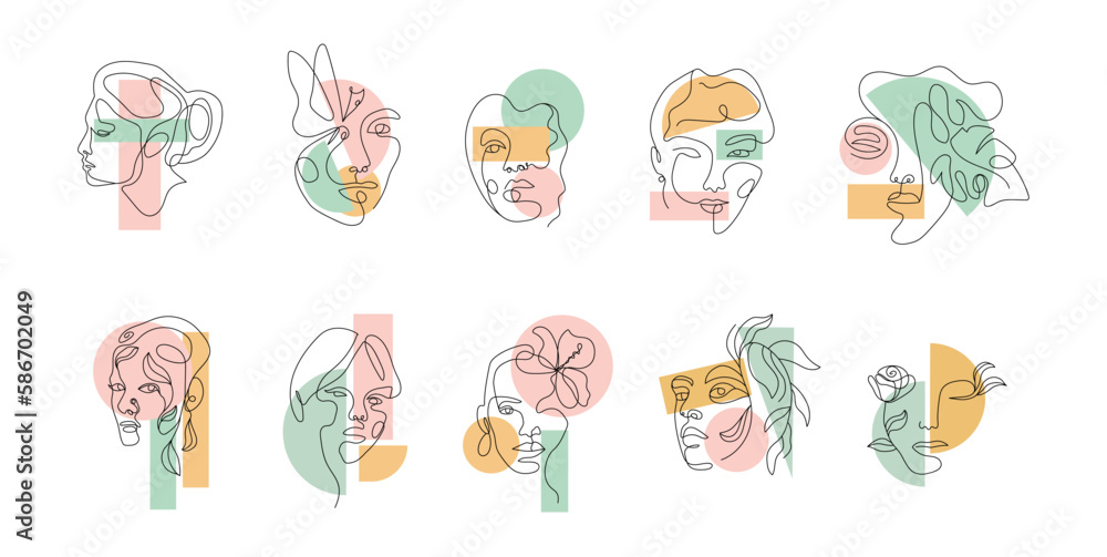 Wall mural Modern abstract line minimalistic women faces arts set with different shapes for wall decoration, postcard or brochure cover design. Different woman faces. One line art. Vector illustrations design