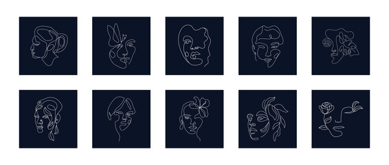 Modern abstract line minimalistic women faces arts set on dark background, postcard or brochure cover design. Different woman faces. One line art. Vector illustrations design
