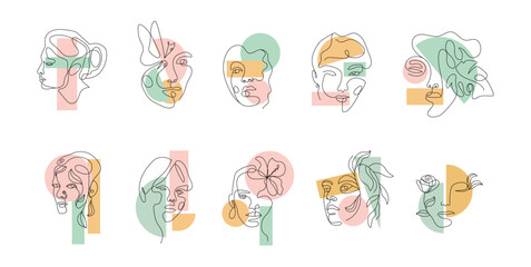 Modern abstract line minimalistic women faces arts set with different shapes for wall decoration, postcard or brochure cover design. Different woman faces. One line art. Vector illustrations design
