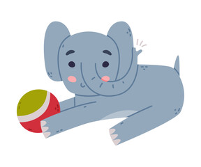 Funny Blue Elephant with Large Ear Flaps and Trunk Playing Ball Vector Illustration