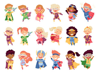 Kids Wearing Costumes of Superhero Pretending Having Powers for Fighting Crime Big Vector Set