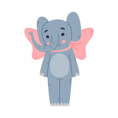 Funny Blue Elephant with Large Ear Flaps and Trunk Wearing Pink Bow Vector Illustration