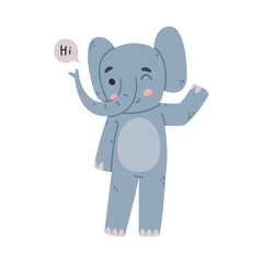 Funny Blue Elephant with Large Ear Flaps and Trunk Greeting Saying Hi Vector Illustration