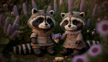 Exclusive pair of cute knitted raccoons. In a lavender field of flowers. Made from yarn and lurex. Toy for children, decorative. Character in children's books and stories. Created with AI.