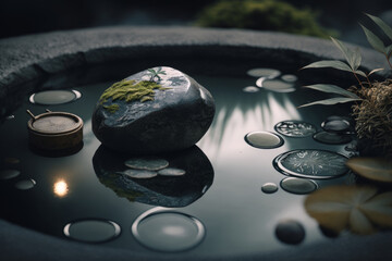 Obraz na płótnie Canvas Spa still life with water water and zen stone. Illustrator AI Generative