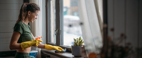 Weekend homework. Young pretty woman washes window in cozy living room at home.