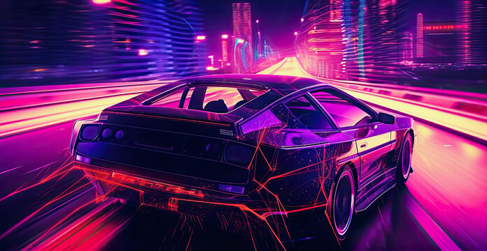 generative ai illustration of a purple colored fantasy car driving fast on a road in a neon colored city