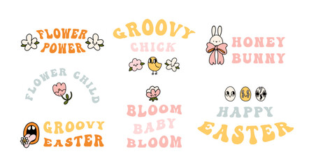 Groovy y2k retro summer and spring season party stickers set. Happy easter sticker design collection. Isolated on pink background. Vector illustration