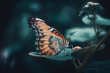 Fototapeta na wymiar a butterfly sitting on top of a leaf on a plant. generative ai