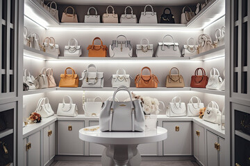 Generative AI Illustration of the interior of a luxury haute couture bag store with different bags in different shapes and colors on the shelves