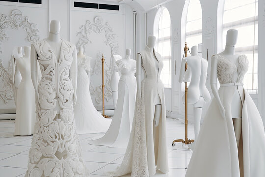 Generative AI Illustration of the interior of a high fashion atelier with mannequins with elegant and luxurious clothes put on them