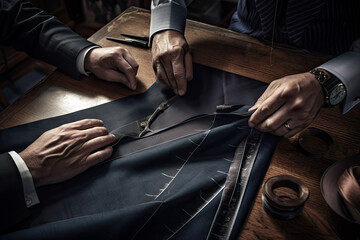Generative AI Illustration of the hands of a tailor preparing a gentleman's suit on his work table in the tailor's shop