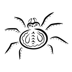 large round spider with a pattern on the back, black abstract outline on a white background