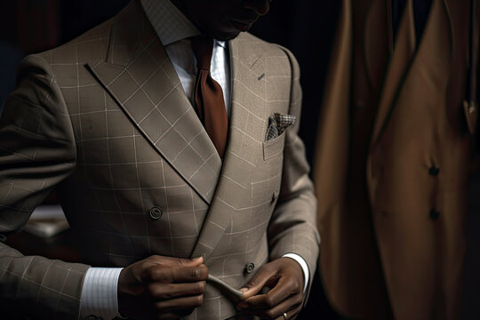 AI Generative Illustration of an unrecognizable gentleman buttoning up his elegant suit