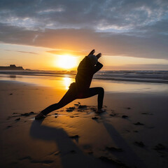 Body and mind in balance on the beach at sunset (GENERATIVE AI)