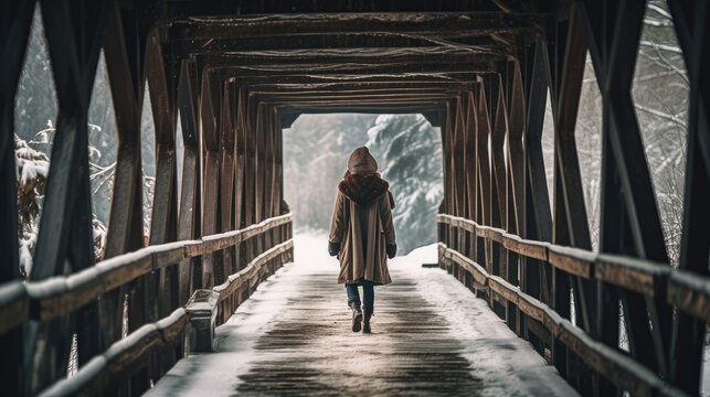 A Person Walking Across A Snow-Covered Bridge Bundled Up In Winter Clothes - Generative AI