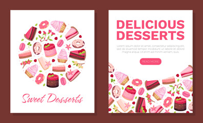 Obraz premium Sweet Raspberry Dessert Banner Design with Creamy Cake and Donut Vector Template