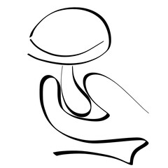 hand in a glove holds a freshly picked mushroom, abstract black outline