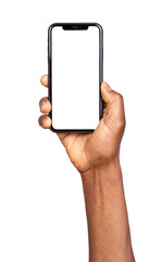 Man holding a black smart phone with blank screen isolated on transparent or white background