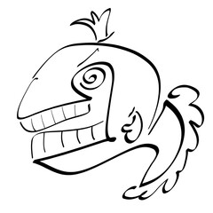 a very angry fish in a crown, tired of someone making wishes, black sketch