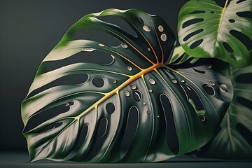Close-up realistic green Tropical Monstera leaf on clean background. Generative AI