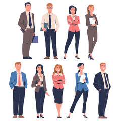 Obraz premium Man and Woman Entrepreneur and Office Employee Standing in Formal Suit and Smiling Vector Set