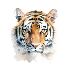Obraz premium an isolated Bengal tiger portrait, face, stalking prey, fierce jungle-themed watercolor illustration on a transparent background in PNG. Generative AI