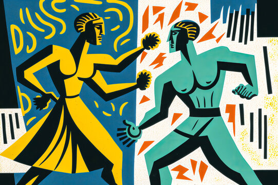 Two opposing Greek characters are in the midst of a dynamic and colorful illustration, in the image of the ancient Olympic games. Generative AI