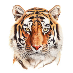 Obraz premium an isolated Bengal tiger face portrait, face, stalking prey, fierce jungle-themed watercolor painting illustration on a transparent background in PNG. Generative AI