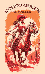 Beautiful drawing of a cowgirl in a posture of power and confidence. Artwork design, illustration for T-shirt printing, poster, badge wild west style, American western. - obrazy, fototapety, plakaty